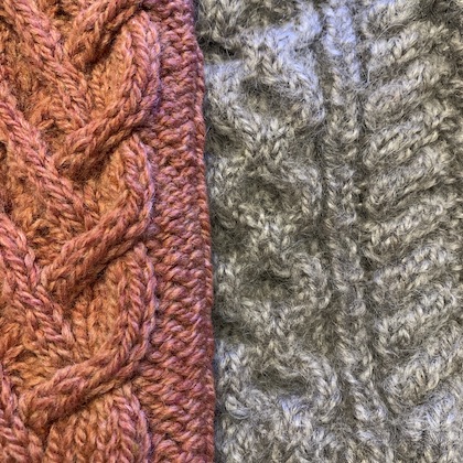 close-up image of two cableknit items